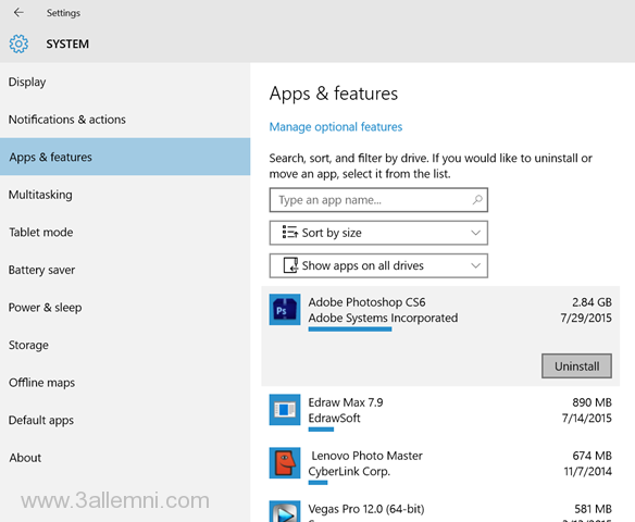 كيفية حذف التطبيقات والبرامج في ويندوز 10 3 Settings-> System-> Apps and features